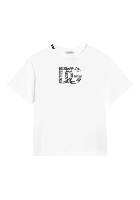 White T-Shirt with DG Maiolica Print DOLCE & GABBANA KIDS | L4JTHV-G7NVCS9000